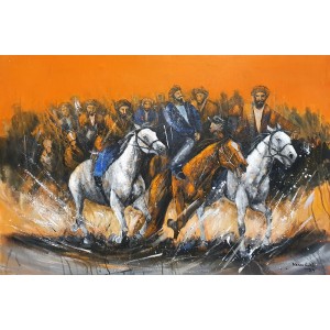 Naeem Rind, 32 x 48 Inch, Acrylic on Canvas, Buzkashi Painting, AC-NAR-036